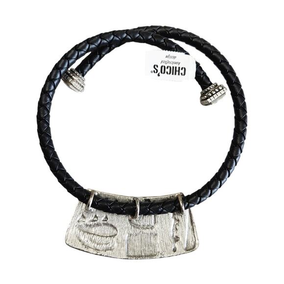 NEW Vintage Chico's Black Leather Metal Silver Choker Tribal Design Necklace - Picture 2 of 10